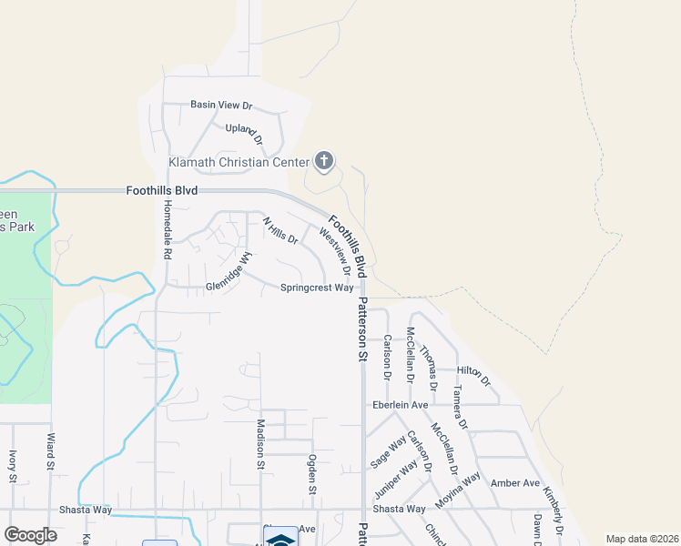 map of restaurants, bars, coffee shops, grocery stores, and more near 5851 North Hills Drive in Klamath Falls
