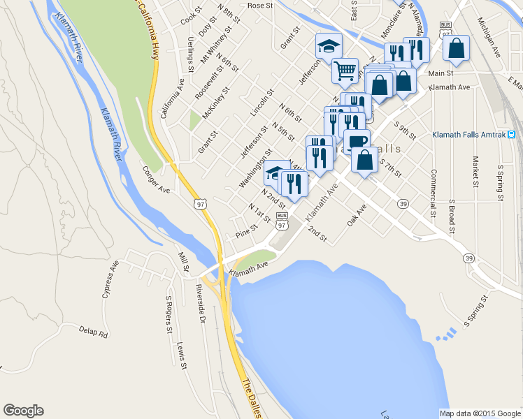 map of restaurants, bars, coffee shops, grocery stores, and more near 234 North 1st Street in Klamath Falls