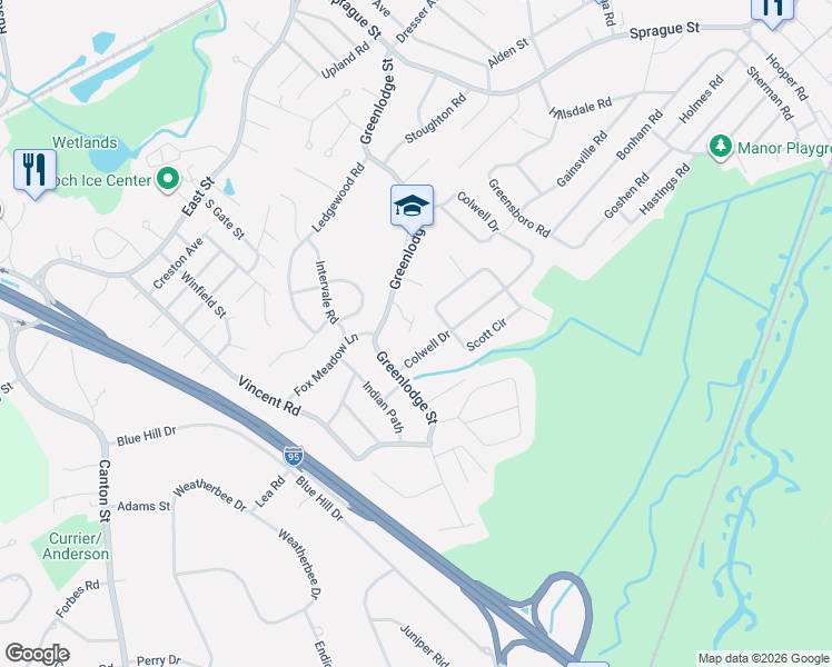 map of restaurants, bars, coffee shops, grocery stores, and more near 1 Briarwood Lane in Dedham