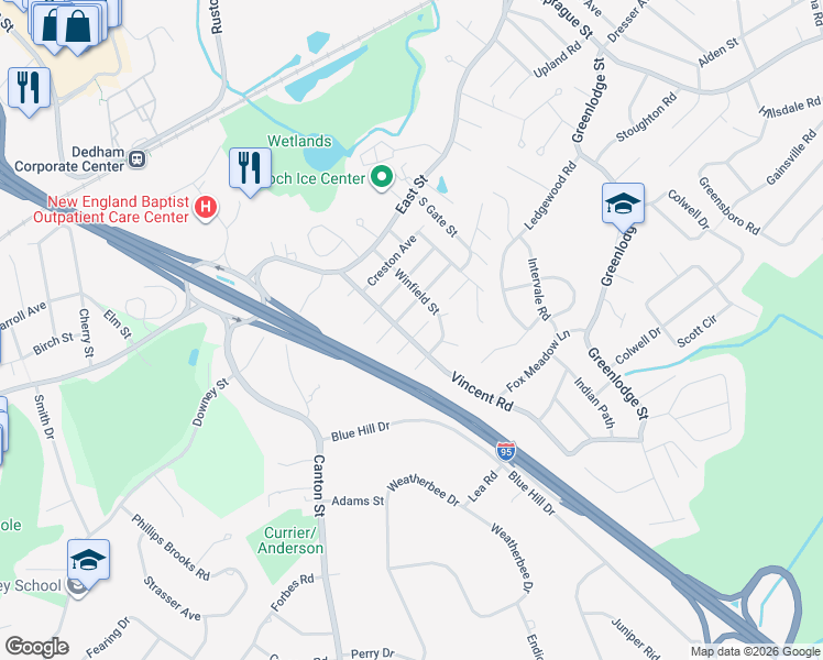 map of restaurants, bars, coffee shops, grocery stores, and more near 19 Cranston Avenue in Dedham