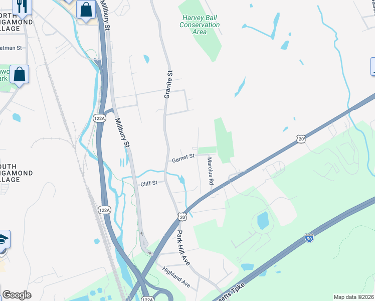 map of restaurants, bars, coffee shops, grocery stores, and more near 23 Garnet Street in Worcester