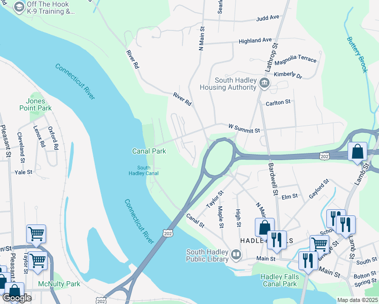 map of restaurants, bars, coffee shops, grocery stores, and more near 17-67 Kenlee Gardens in South Hadley