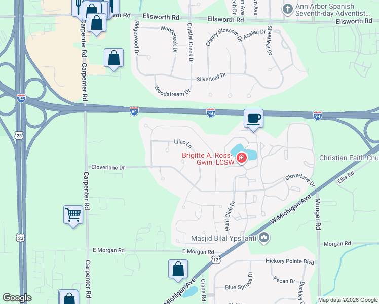 map of restaurants, bars, coffee shops, grocery stores, and more near 4401 Romney Court in Ypsilanti