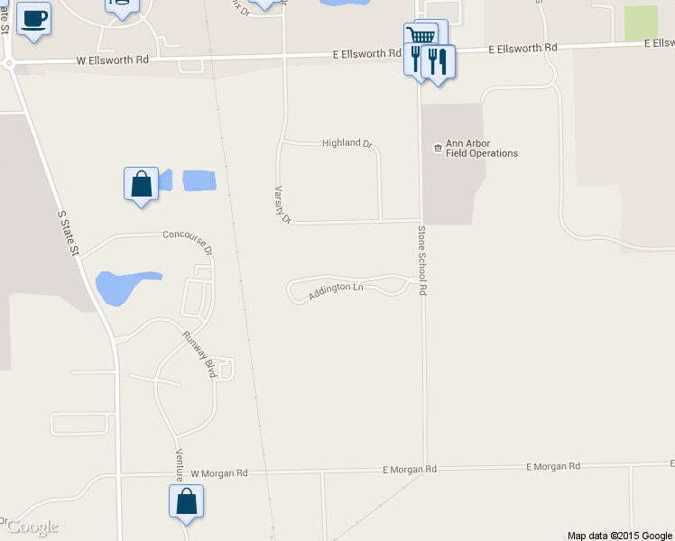 map of restaurants, bars, coffee shops, grocery stores, and more near 1433 Addington Lane in Ann Arbor