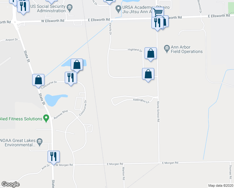 map of restaurants, bars, coffee shops, grocery stores, and more near 1281 Addington Lane in Ann Arbor