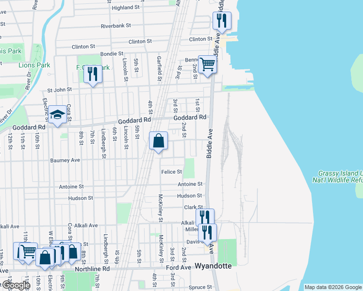 map of restaurants, bars, coffee shops, grocery stores, and more near 1126 2nd Street in Wyandotte