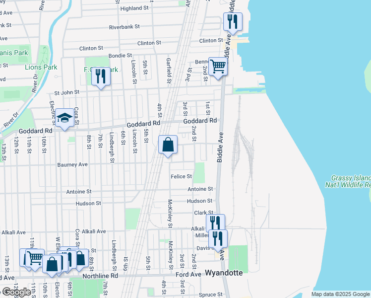 map of restaurants, bars, coffee shops, grocery stores, and more near 1117 3rd Street in Wyandotte