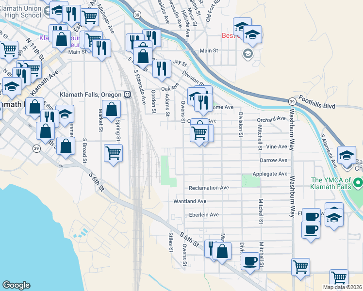 map of restaurants, bars, coffee shops, grocery stores, and more near 1945 Vine Avenue in Klamath Falls