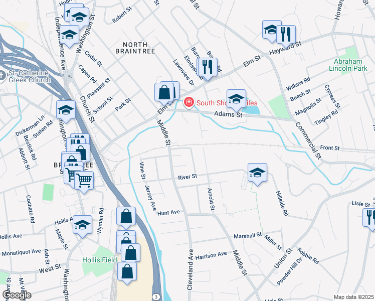 map of restaurants, bars, coffee shops, grocery stores, and more near 5 Lemoyne Street in Braintree