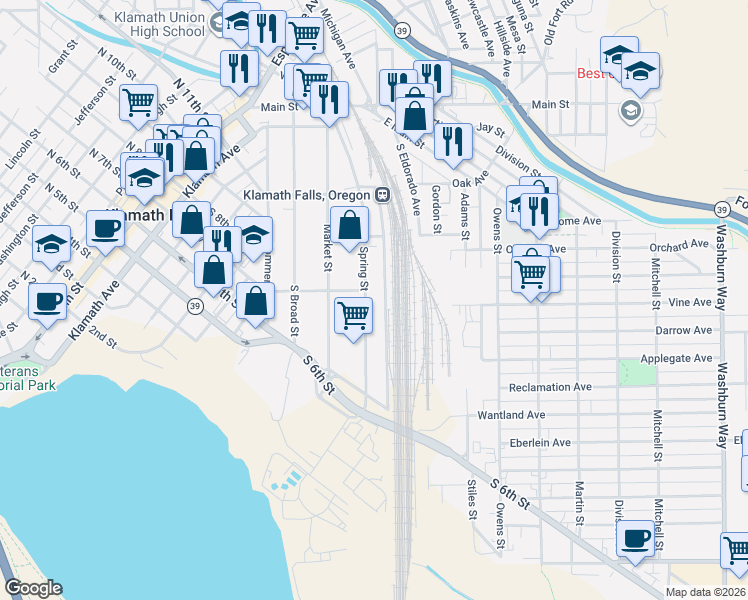 map of restaurants, bars, coffee shops, grocery stores, and more near 661 South Spring Street in Klamath Falls