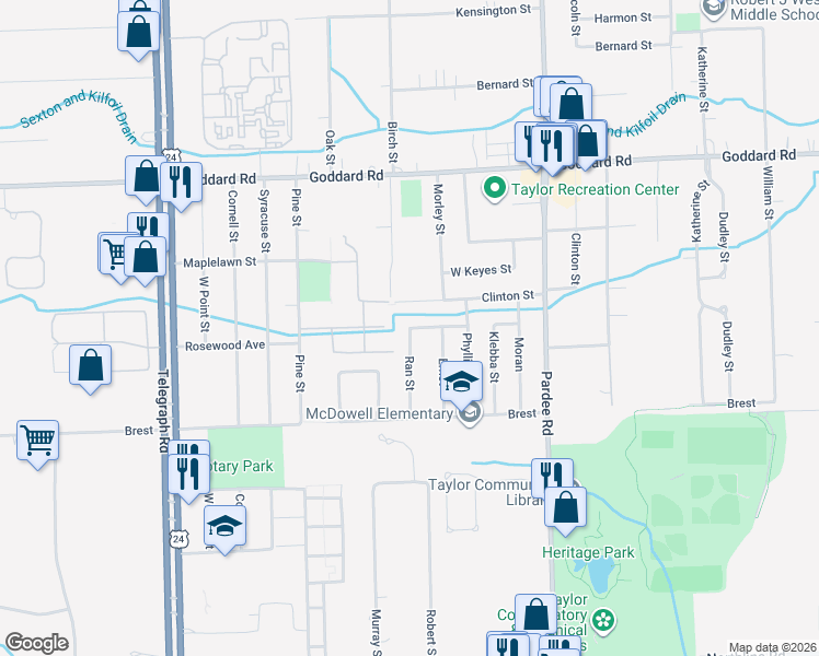 map of restaurants, bars, coffee shops, grocery stores, and more near 11561 Ran Street in Taylor