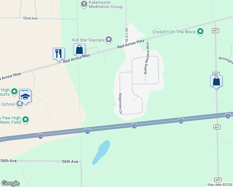 map of restaurants, bars, coffee shops, grocery stores, and more near 54156 Ridgeview Circle in Paw Paw