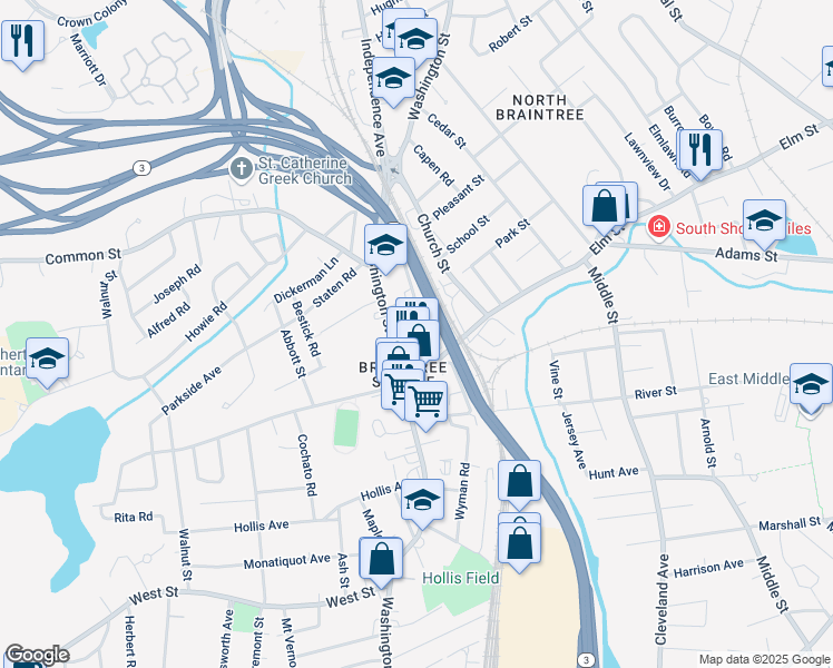 map of restaurants, bars, coffee shops, grocery stores, and more near 314 Washington Street in Braintree