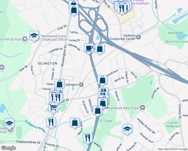 map of restaurants, bars, coffee shops, grocery stores, and more near 40 Carroll Court in Westwood