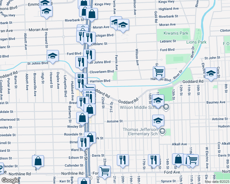 map of restaurants, bars, coffee shops, grocery stores, and more near 4201 20th Street in Wyandotte