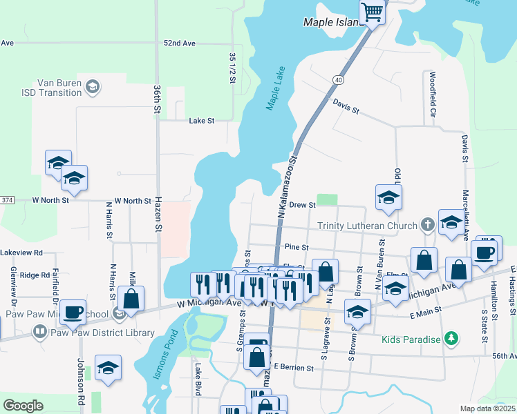 map of restaurants, bars, coffee shops, grocery stores, and more near 510 North Gremps Street in Paw Paw