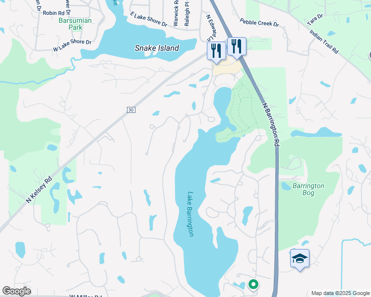 map of restaurants, bars, coffee shops, grocery stores, and more near 24723 Shoreline Road in Lake Barrington