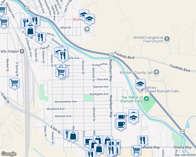map of restaurants, bars, coffee shops, grocery stores, and more near 2423 Vine Avenue in Klamath Falls