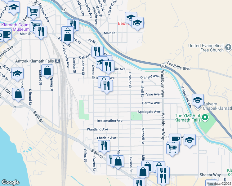 map of restaurants, bars, coffee shops, grocery stores, and more near 2161 Vine Avenue in Klamath Falls
