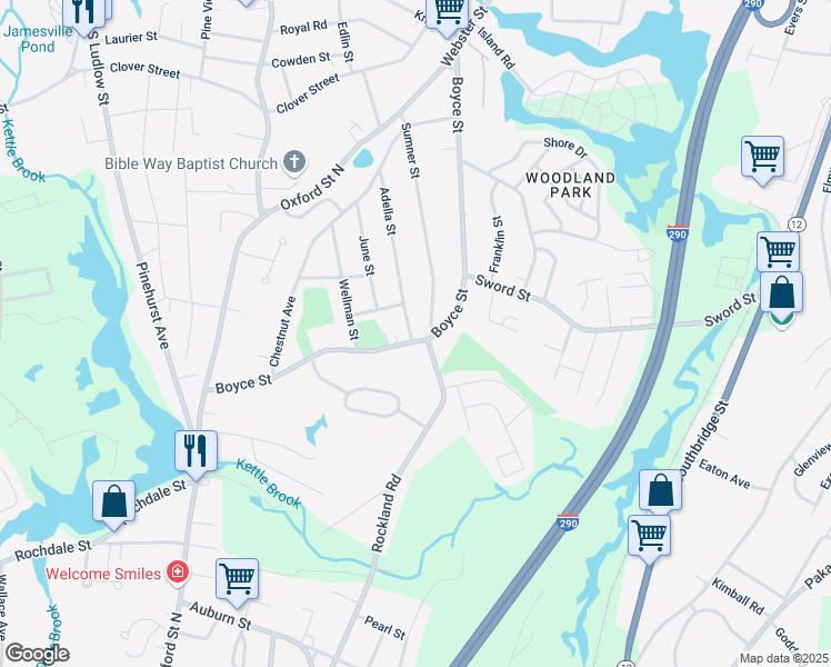 map of restaurants, bars, coffee shops, grocery stores, and more near 115 Boyce Street in Auburn