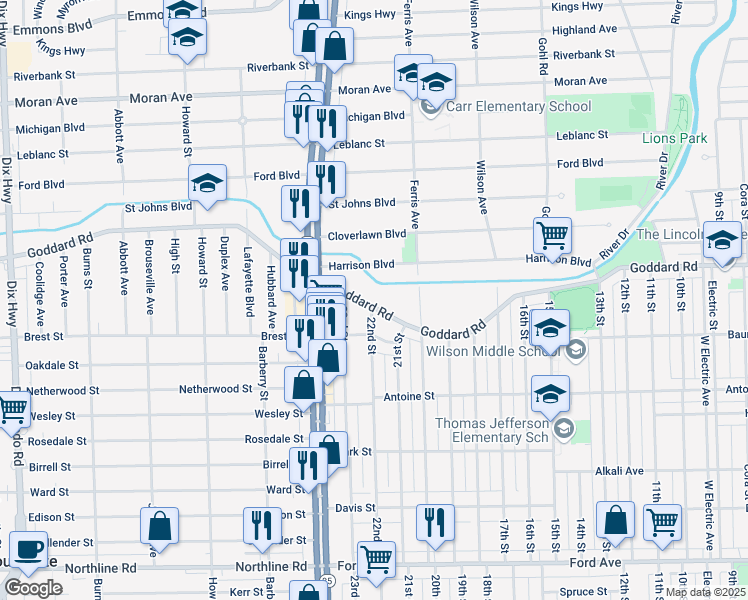 map of restaurants, bars, coffee shops, grocery stores, and more near 1050 Goddard Road in Lincoln Park
