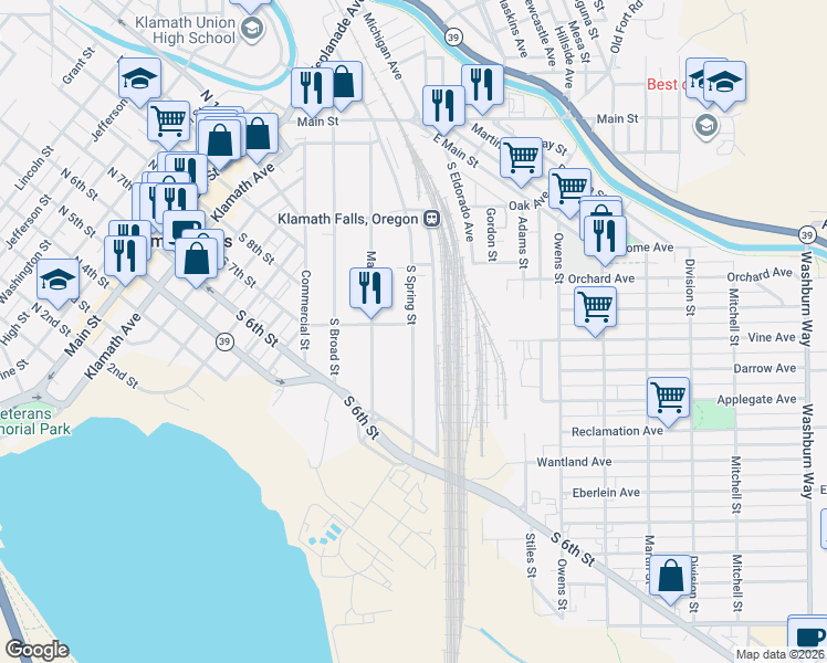 map of restaurants, bars, coffee shops, grocery stores, and more near 661 South Spring Street in Klamath Falls