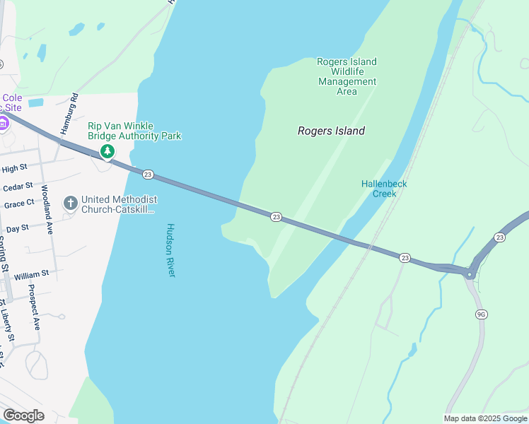 map of restaurants, bars, coffee shops, grocery stores, and more near Rip Van Winkle Bridge in Hudson