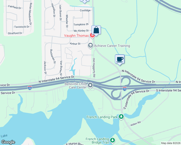 map of restaurants, bars, coffee shops, grocery stores, and more near 35 East Archwood Drive in Wayne County