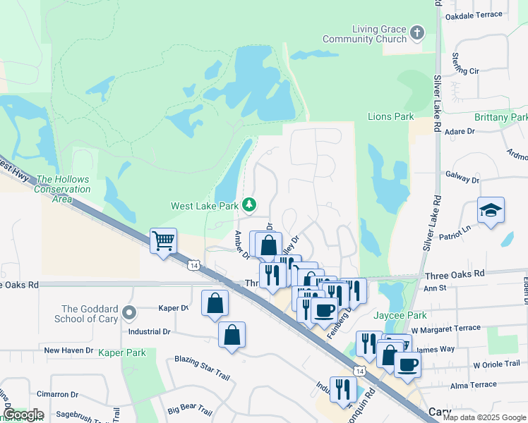 map of restaurants, bars, coffee shops, grocery stores, and more near 1200 West Lake Drive in Cary