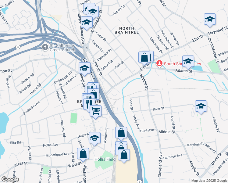map of restaurants, bars, coffee shops, grocery stores, and more near 137 Elm Street in Braintree