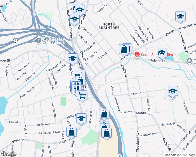 map of restaurants, bars, coffee shops, grocery stores, and more near 137 Elm Street in Braintree