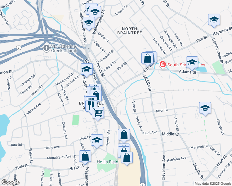 map of restaurants, bars, coffee shops, grocery stores, and more near 137 Elm Street in Braintree