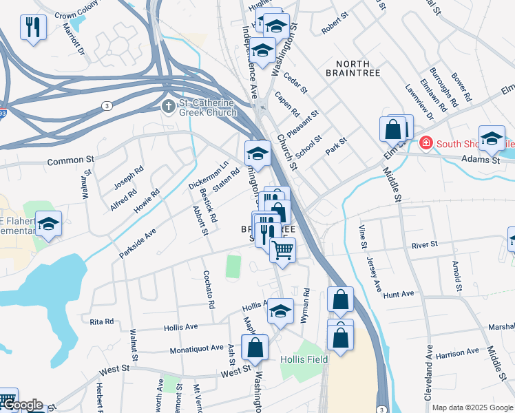 map of restaurants, bars, coffee shops, grocery stores, and more near 314 Washington Street in Braintree