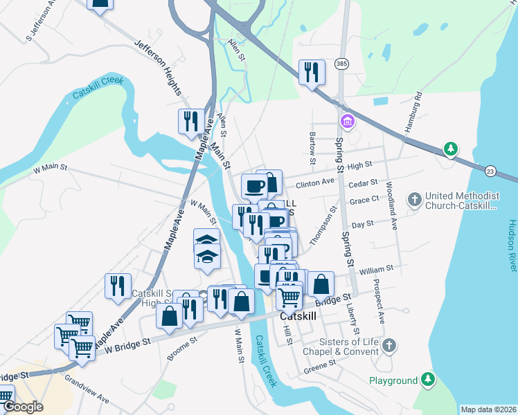 map of restaurants, bars, coffee shops, grocery stores, and more near 487 Main Street in Catskill