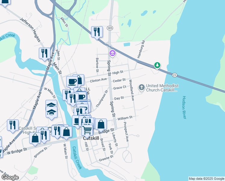 map of restaurants, bars, coffee shops, grocery stores, and more near 104 Spring Street in Catskill