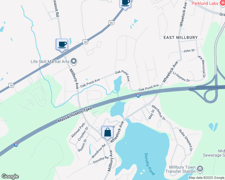 map of restaurants, bars, coffee shops, grocery stores, and more near 12 Pineland Avenue in Millbury