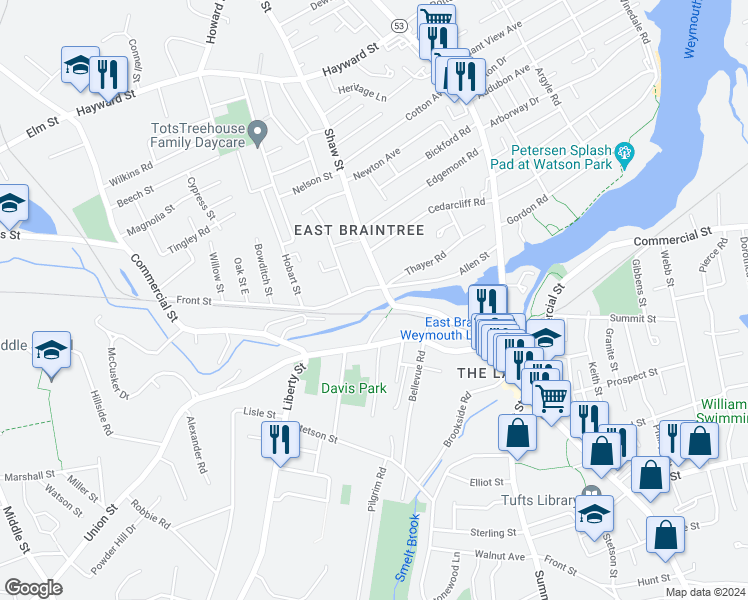 map of restaurants, bars, coffee shops, grocery stores, and more near 130 Allen Street in Braintree