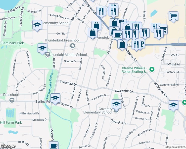 map of restaurants, bars, coffee shops, grocery stores, and more near 667 Coventry Lane in Crystal Lake