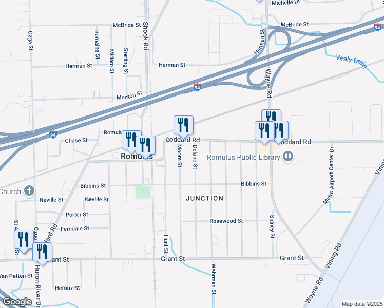 map of restaurants, bars, coffee shops, grocery stores, and more near 11056 Delano Street in Romulus