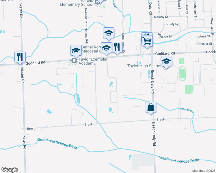 map of restaurants, bars, coffee shops, grocery stores, and more near 11494 Pheasant Circle in Taylor