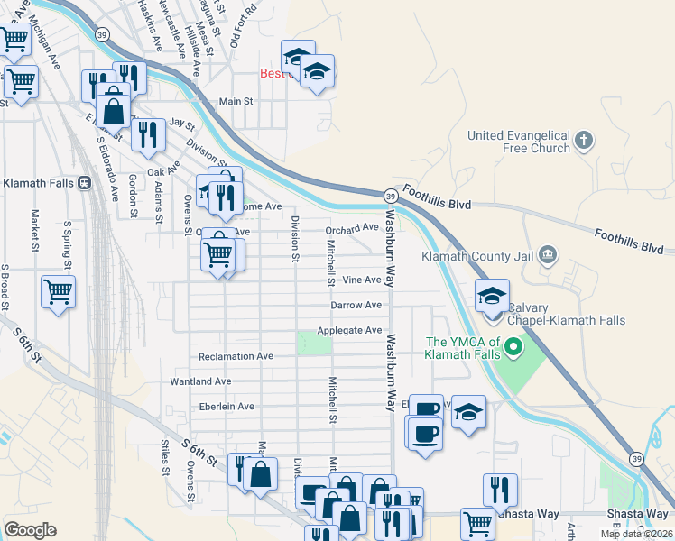 map of restaurants, bars, coffee shops, grocery stores, and more near 2423 Vine Avenue in Klamath Falls