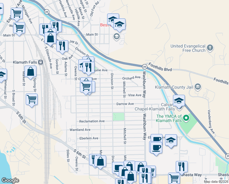 map of restaurants, bars, coffee shops, grocery stores, and more near 2330 Vine Avenue in Klamath Falls