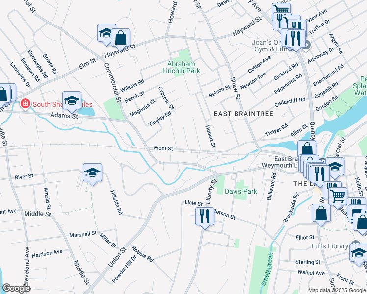 map of restaurants, bars, coffee shops, grocery stores, and more near 287 Commercial Street in Braintree