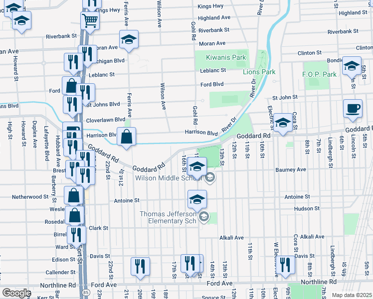 map of restaurants, bars, coffee shops, grocery stores, and more near 1029 16th Street in Wyandotte