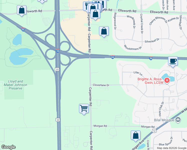 map of restaurants, bars, coffee shops, grocery stores, and more near 4599 Carpenter Road in Ypsilanti
