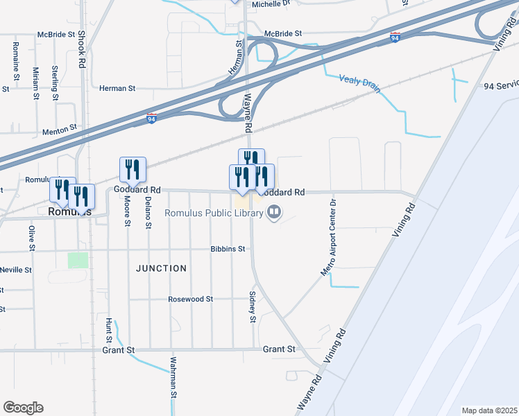 map of restaurants, bars, coffee shops, grocery stores, and more near 11111 Wayne Road in Romulus