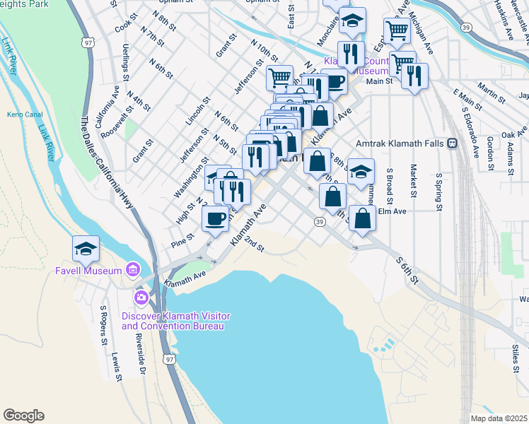 map of restaurants, bars, coffee shops, grocery stores, and more near in Klamath Falls