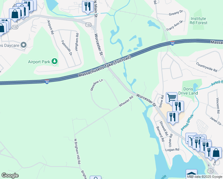 map of restaurants, bars, coffee shops, grocery stores, and more near 9 Meadow Lane in Grafton