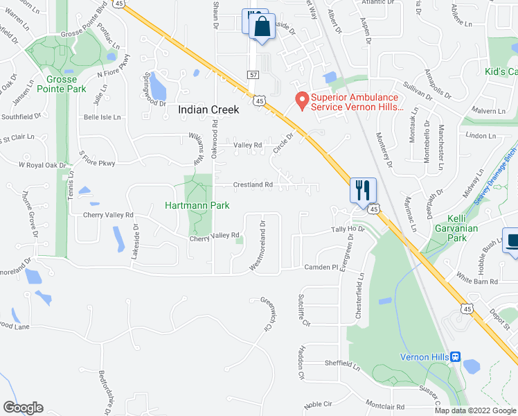 map of restaurants, bars, coffee shops, grocery stores, and more near 410 Cherry Valley Road in Vernon Hills