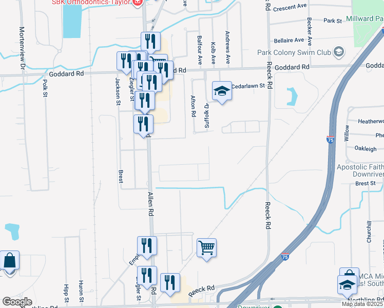 map of restaurants, bars, coffee shops, grocery stores, and more near 11511 Allen Road in Southgate